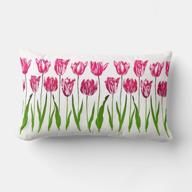 Tulip Garden Print in Fuchsia Pink and Green Lumba Lumbar Pillow (Front)