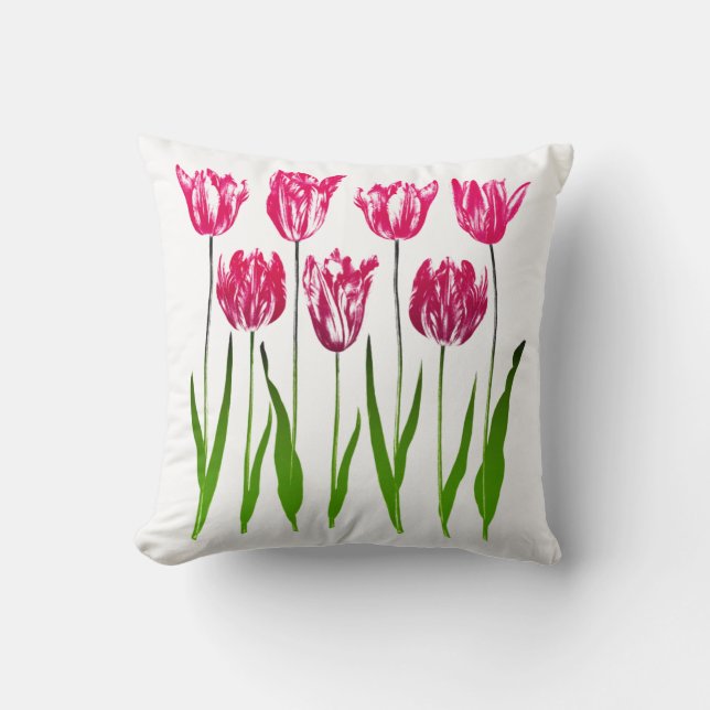 Tulip Garden Print in Fuchsia Pink and Green Throw Pillow (Front)