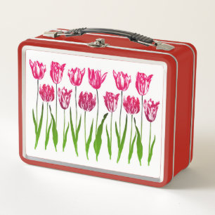 Tulip Garden Print in Shades of Fuchsia Pink and G Metal Lunch Box