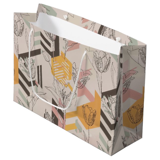 Tulip Line Art Pattern in Mustard & Blush Large Gift Bag (Front Angled)