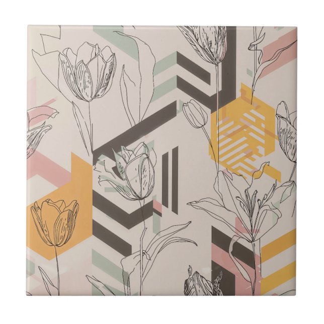 Tulip Line Art Pattern in Mustard & Blush Tile (Front)