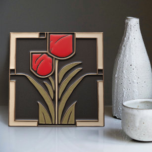 Tulip Love Abstract Red Flowers Mid-Century Decor Tile