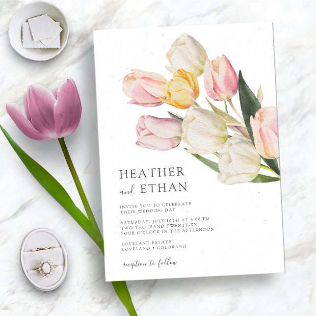 Tulip Modern Wedding Invitation (Elegant Watercolor Tulip Modern Wedding Invitation by Painted Paperie
)