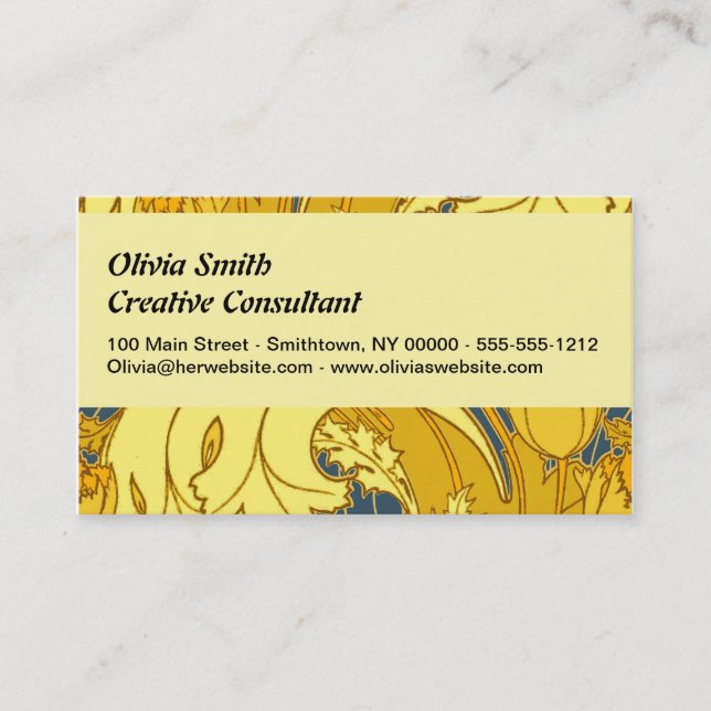 Tulip Pattern Print: Yellow Blue Art Nouveau Business Card (Front)