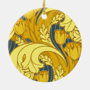 Tulip Pattern Print: Yellow Blue Art Nouveau Ceramic Ornament