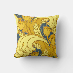 Tulip Pattern Print: Yellow Blue Art Nouveau Throw Pillow