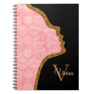 Tulip Pink And Gold Glitter Face Monogram Name Notebook