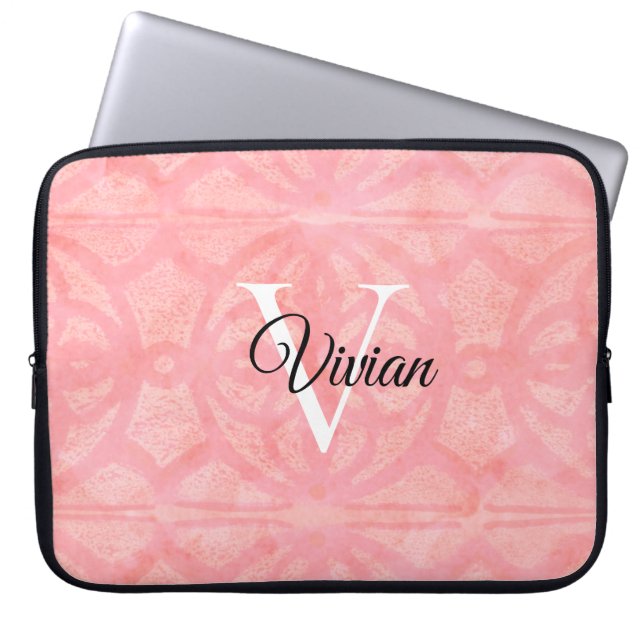 Tulip Pink Watercolor Monogram Name Laptop Sleeve (Front)