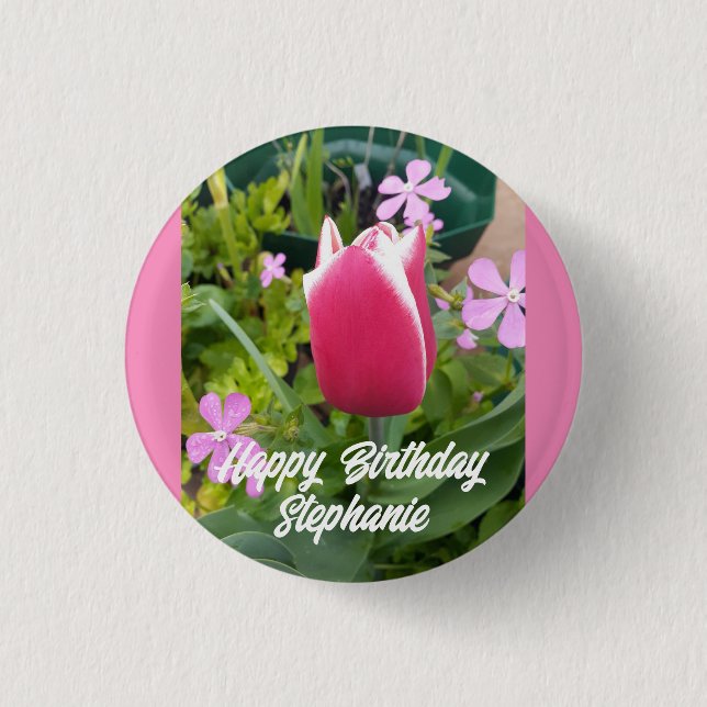 Tulip Tulips Red Pink Flower Floral Birthday Card 1 Inch Round Button (Front)