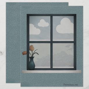 Tulip Vase House Window Clouds Blue ScrapbookPaper