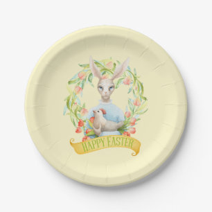 Tulip Wreath and Rabbit Happy Easter Paper Plate