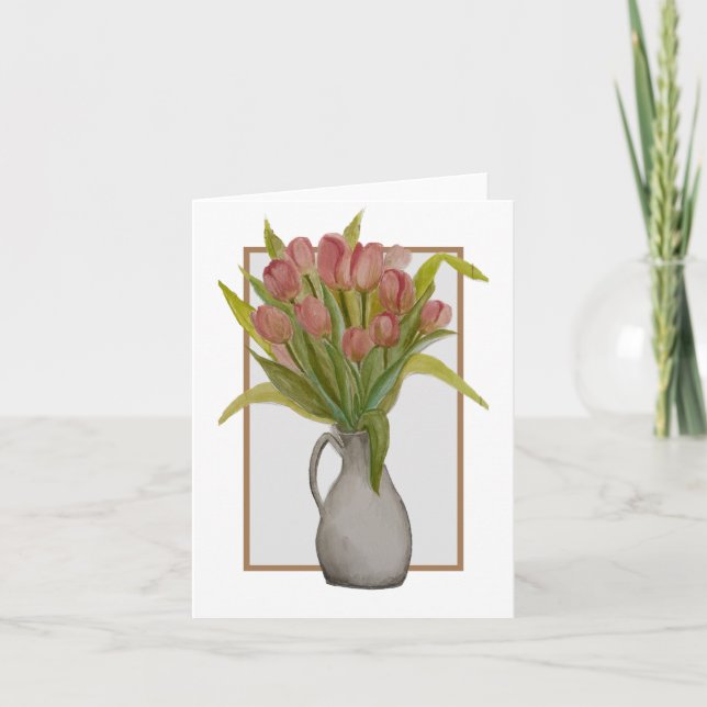 Tulipe rose dans une carte de voeux/note vase (Devant)