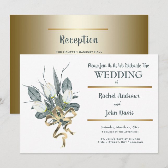 Tulipes Blanches Avec Or, Faire-part de mariage (Devant / Derrière)