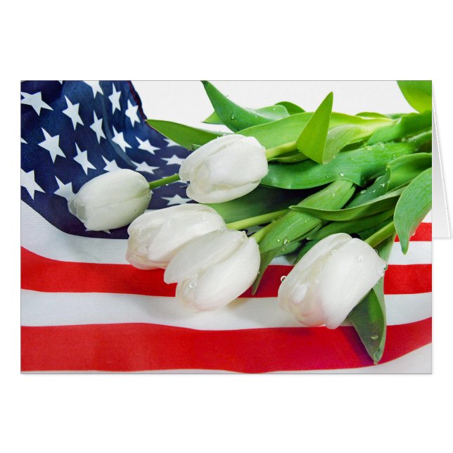 tulipes blanches sur le drapeau américain (Devant horizontal)