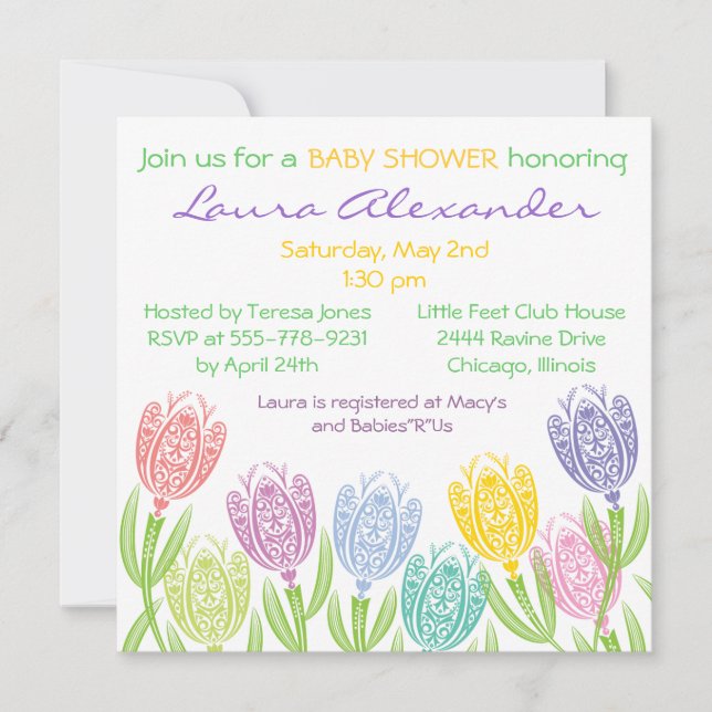 Tulipes de ressort - invitation de baby shower (Devant)