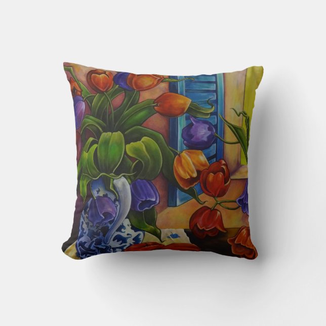 Tulipes et pommes 16" X 16" coussin de coton (Recto)