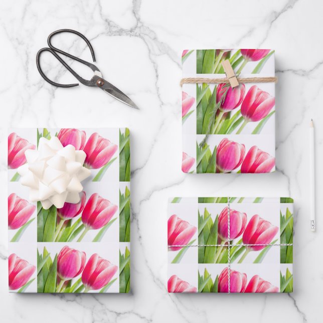Tulipes roses avec Motif photo Feuille vert (Recto)