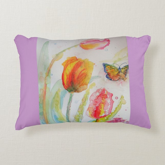 Tulipes roses Décor de coussin à l'aquarelle (Devant)