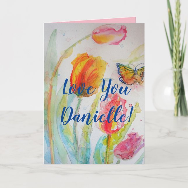 Tulipes roses Fleurs florales Carte Aquarelle (Devant)