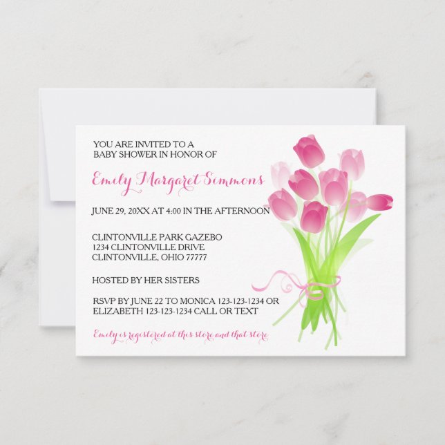 Tulipes roses - Invitation Baby shower 3x5 (Devant)