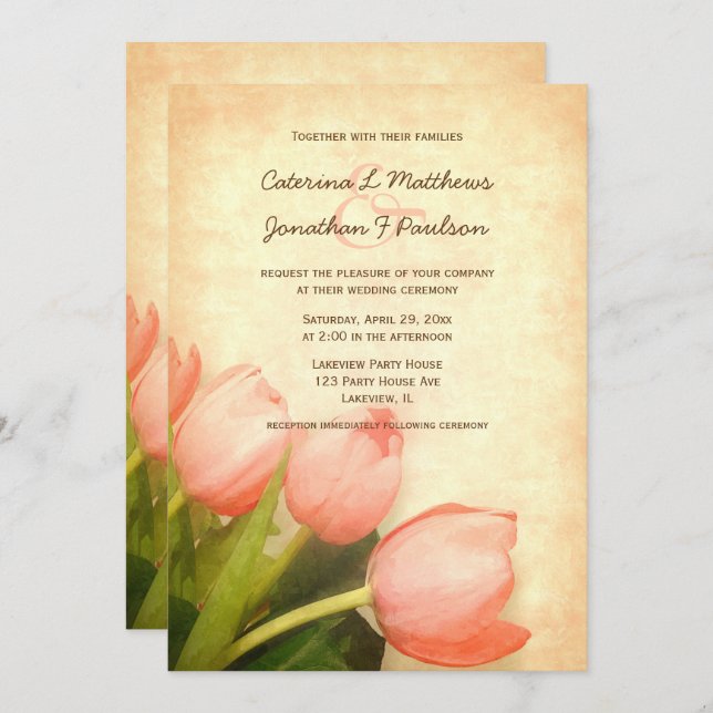 Tulipes roses invitation de mariage printemps (Devant / Derrière)