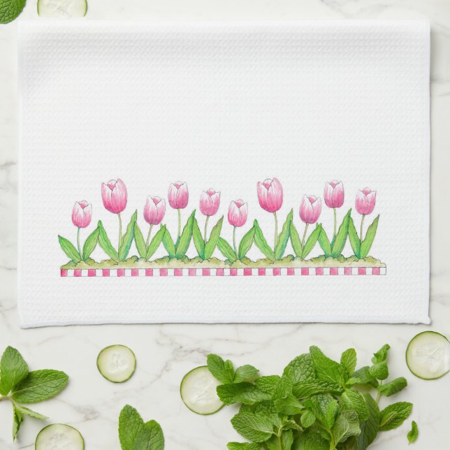 Tulipes roses - serviette de cuisine (Plié)