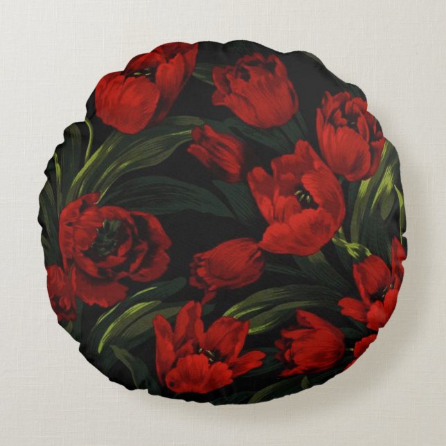 Tulipes rouges sur Coussin rond noir (Devant)