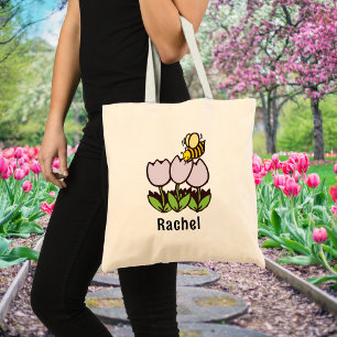Tulips and Bee with Personalized Name Gardening Tote Bag