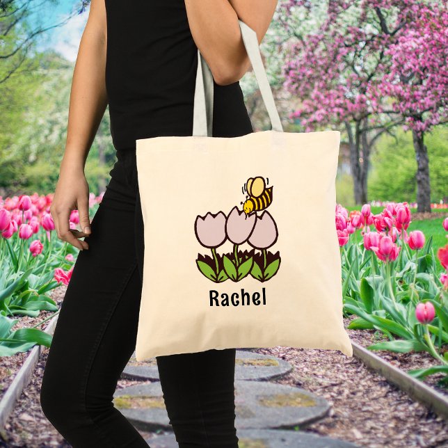 Tulips and Bee with Personalized Name Gardening Tote Bag (Creator Uploaded)