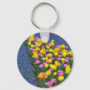 Tulips and bluebells flower garden keychain