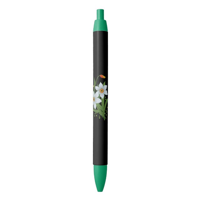 Tulips and Daffodils Flowers Black Background Black Ink Pen (Front Vertical)