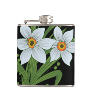 Tulips and Daffodils Flowers Black Background Hip Flask