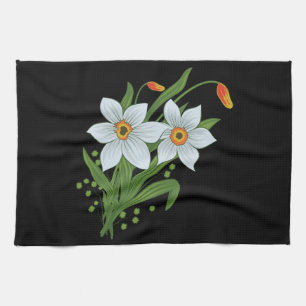 Tulips and Daffodils Flowers Black Background Kitchen Towel