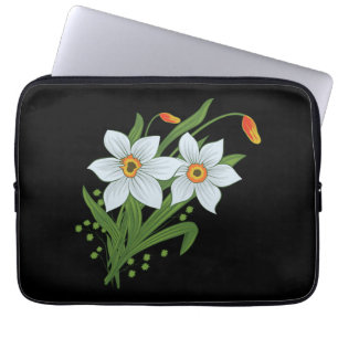 Tulips and Daffodils Flowers Black Background Laptop Sleeve