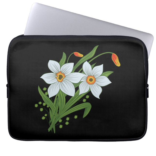 Tulips and Daffodils Flowers Black Background Laptop Sleeve (Front)