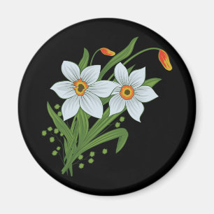 Tulips and Daffodils Flowers Black Background Magnet