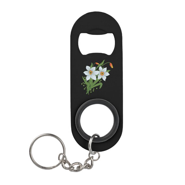 Tulips and Daffodils Flowers Black Background Mini Bottle Opener (Front)