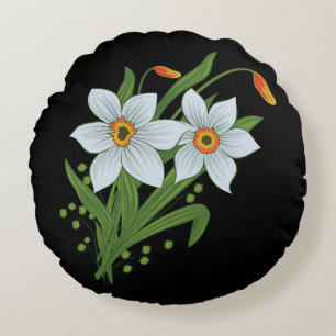 Tulips and Daffodils Flowers Black Background Round Pillow