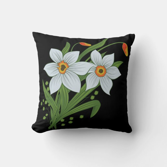 Tulips and Daffodils Flowers Black Background Throw Pillow (Front)
