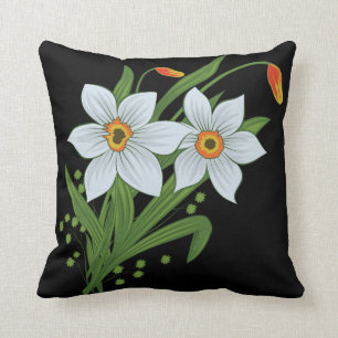 Tulips and Daffodils Flowers Black Background Throw Pillow