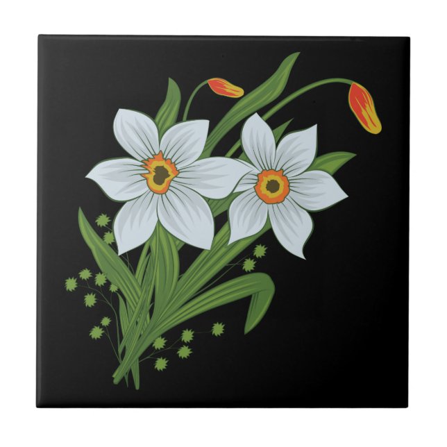 Tulips and Daffodils Flowers Black Background Tile (Front)