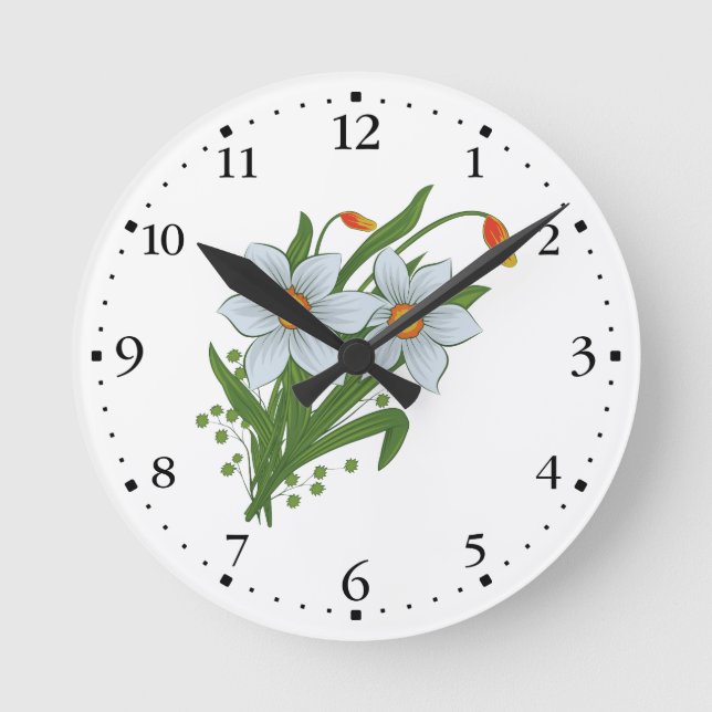 Tulips and Daffodils Flowers Clockface 1 Black Round Clock (Front)