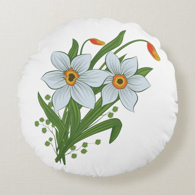 Tulips and Daffodils Flowers Round Pillow (Front)
