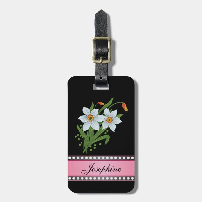 Tulips and Daffodils Pink Personalized Name Luggage Tag (Front Vertical)