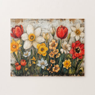 Tulips and Daffodils with Rustic Charm Jigsaw Puzzle