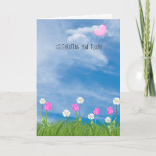 tulips and daisies in grass birthday card