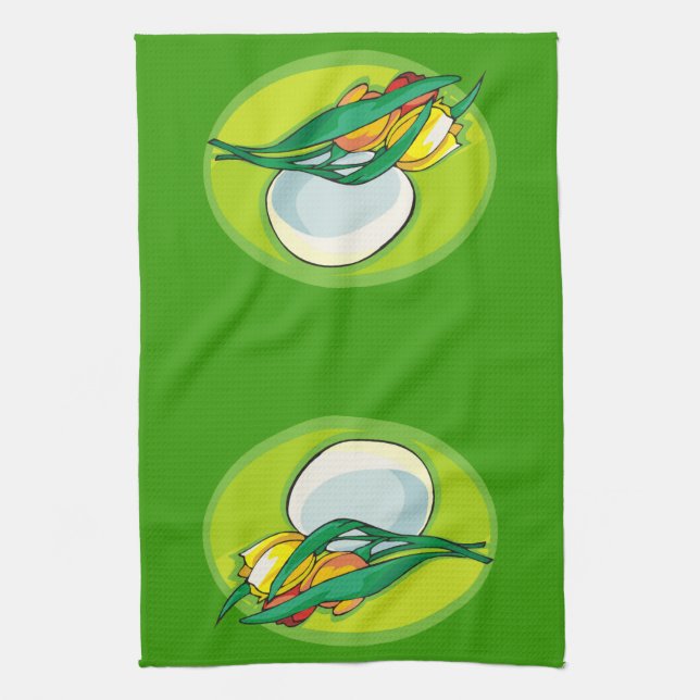 Tulips and Egg Green Kitchen Towel (Vertical)