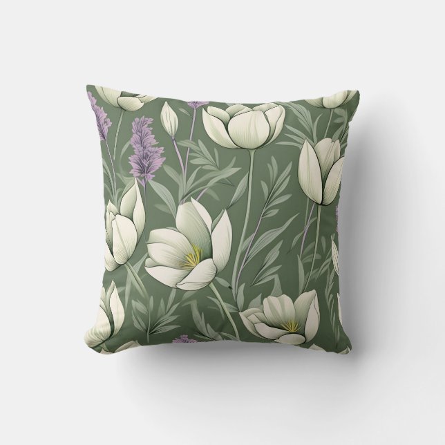 Tulips And Lavender On Green Throw Pillow (Front)