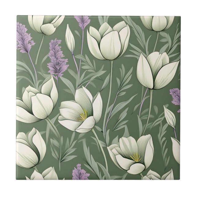Tulips And Lavender On Green Tile (Front)