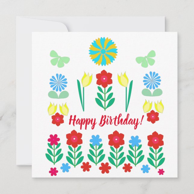 Tulips and Red Flowers Scandi Happy Birthday Card (Front)